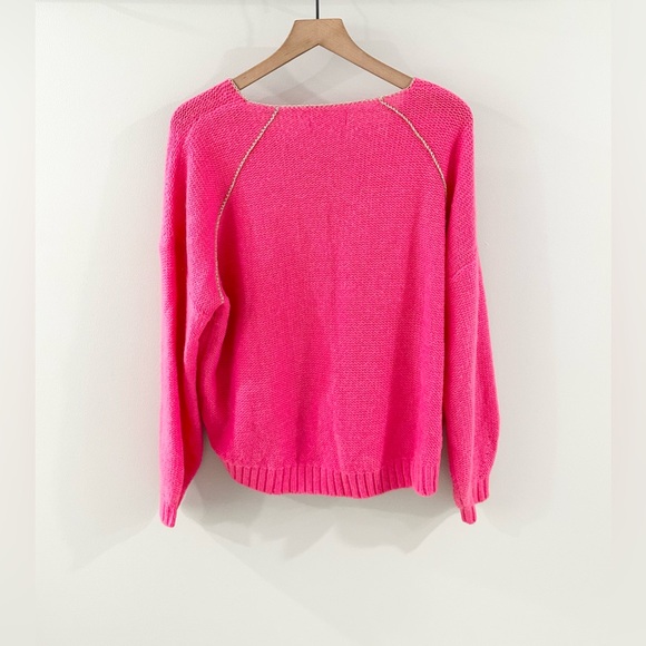 By Anthropologie Hot Pink Sweater With Gold Trim Size Medium - Picture 9 of 9